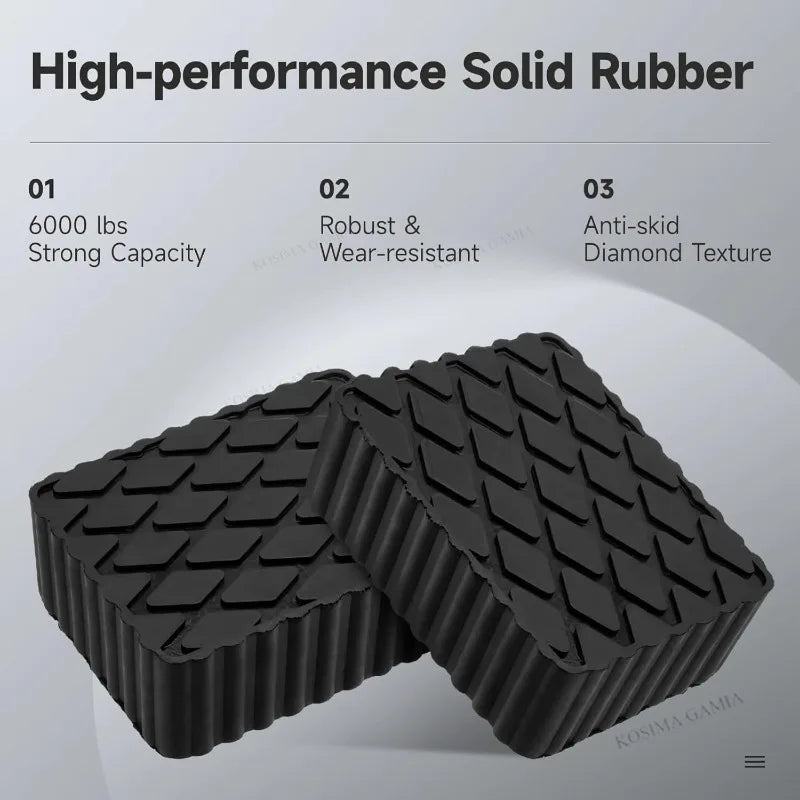 Two Heavy-Duty Jack Pads with feature highlights: 6000 lbs capacity, wear-resistant rubber, anti-skid diamond texture