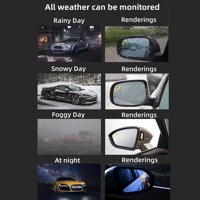 Comparison images showing the Blind Spot Monitor's side mirror warning indicator operating in rainy, snowy, foggy and night-time conditions