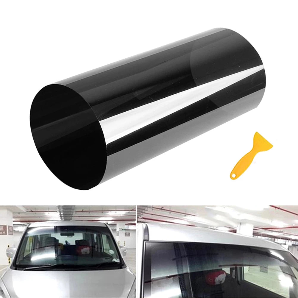 Windscreen Sun Visor Strip tinted film roll with squeegee, plus the strip fitted across the top of a car windscreen