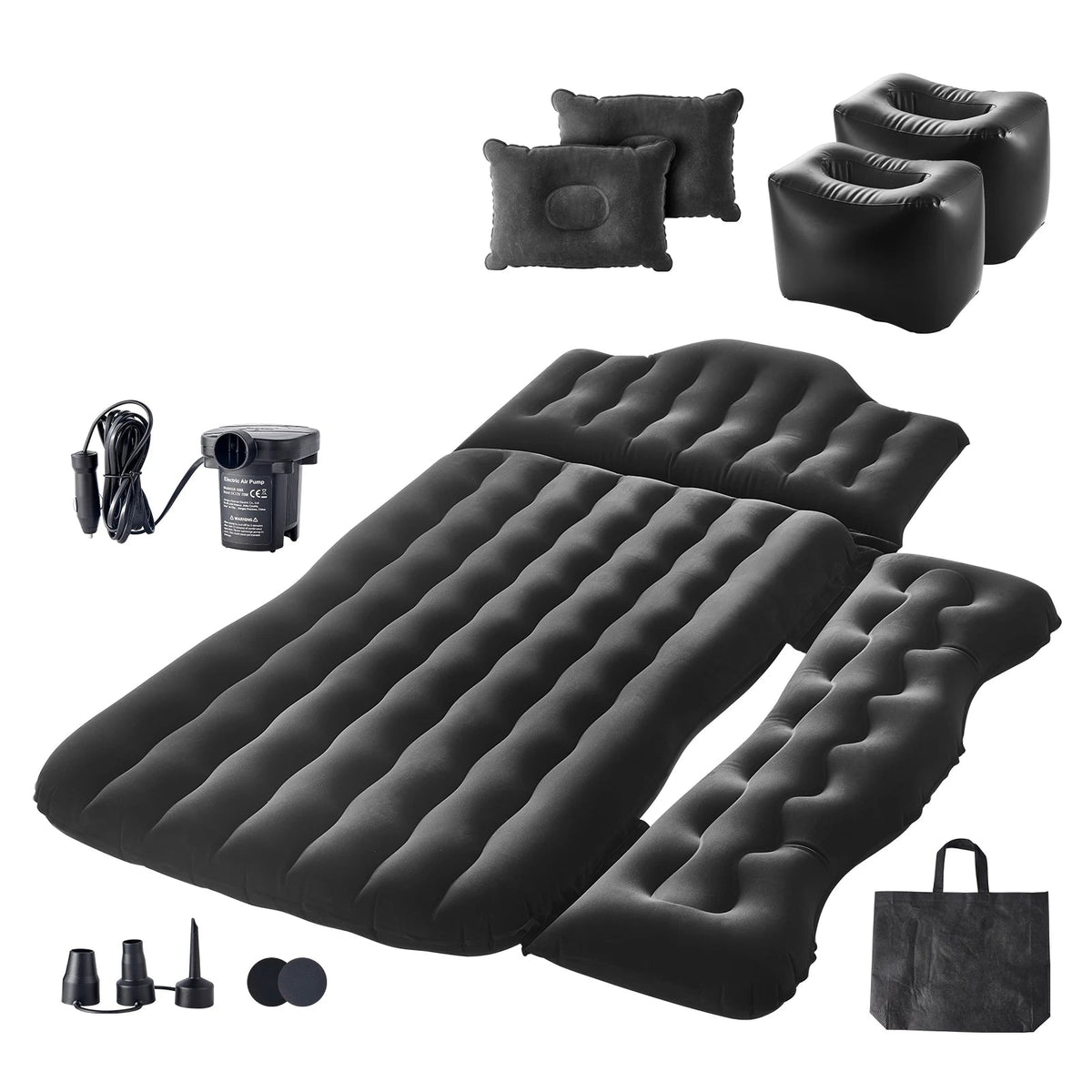 Black Back Seat Air Mattress set with two pillows, two inflatable footwell supports, 12V electric pump, nozzles, repair patches and carry bag
