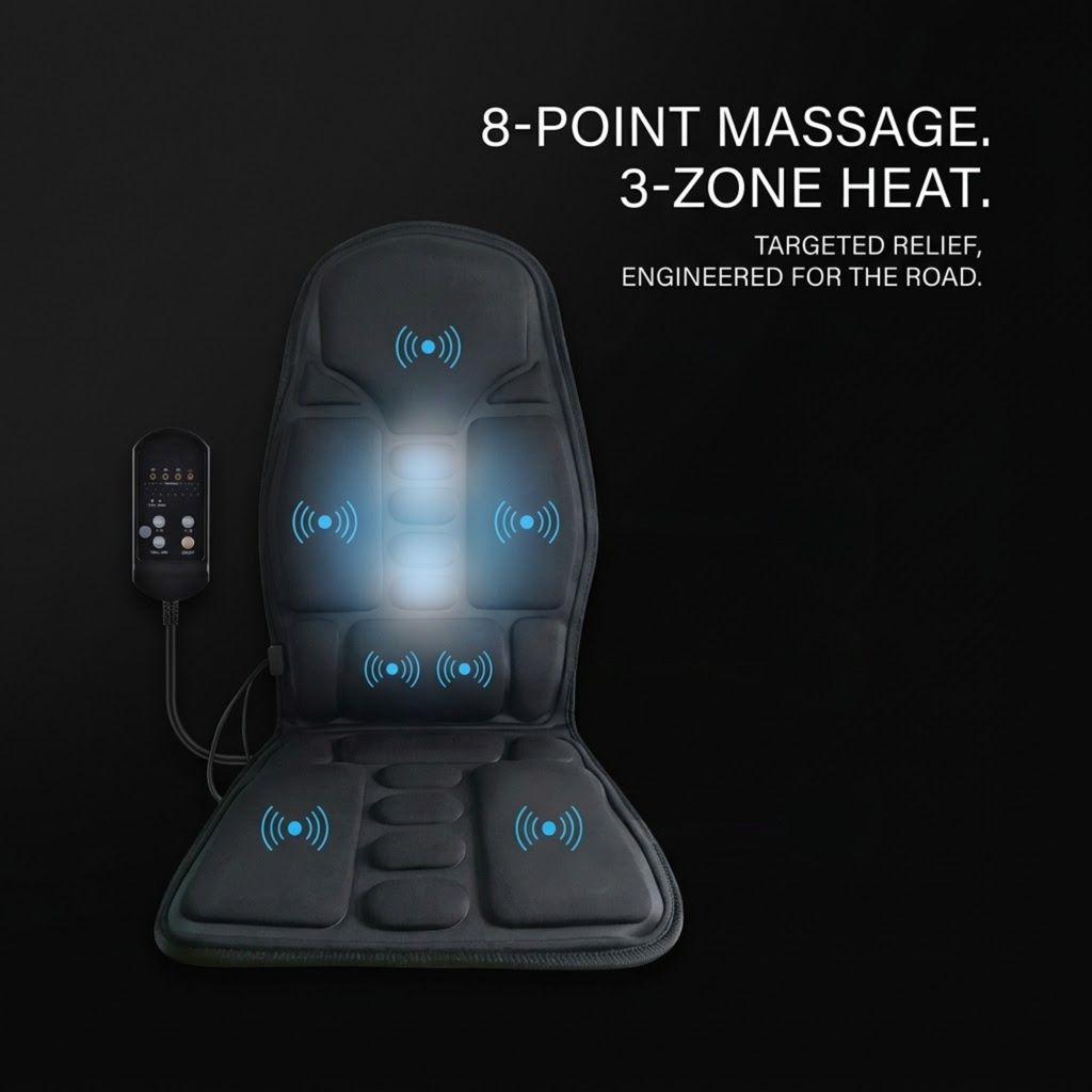 A dark gray electric lumbar massage seat pad with an attached remote control, shown on a black background with blue glowing graphic overlays indicating massage and heat zones. White text at the top reads '8-POINT MASSAGE.