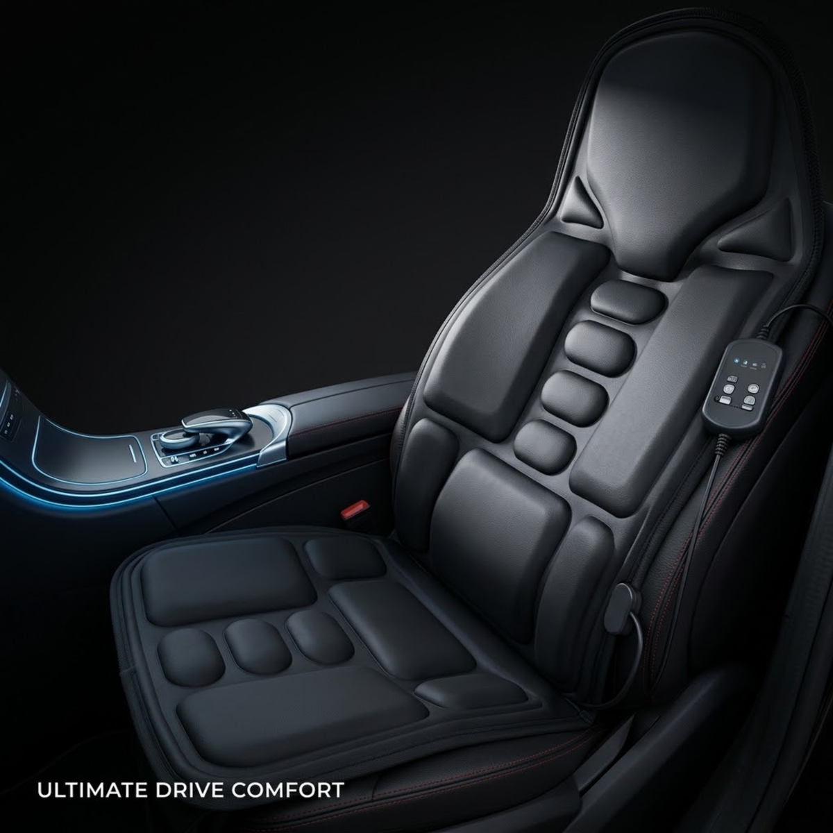 A black car seat massage cushion with an integrated control app on the side, shown installed on a car seat inside a vehicle cabin. The text 'ULTIMATE DRIVE COMFORT' is visible in the bottom-left corner.