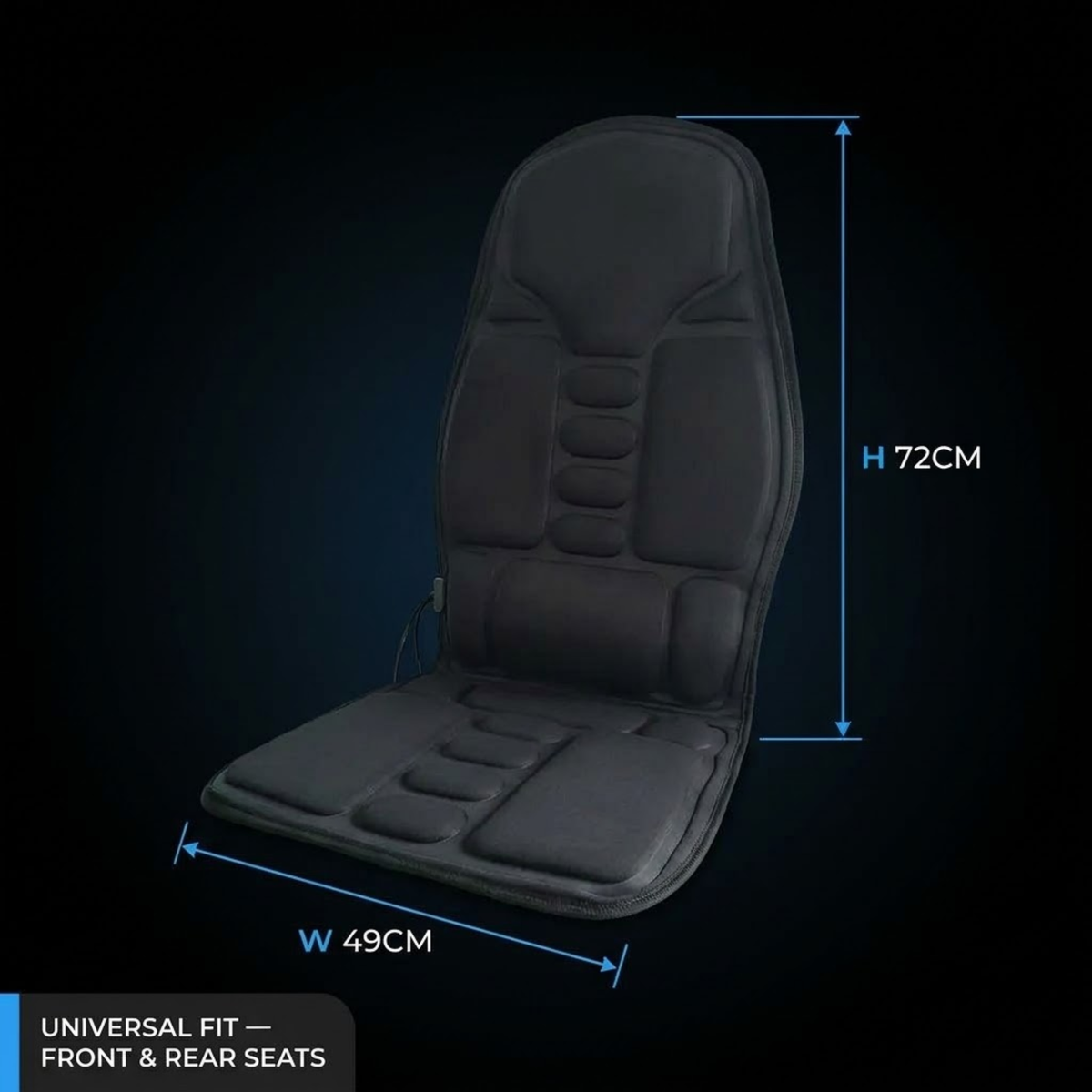 Black lumbar and seat massage cushion with dimension markings showing height of 72CM and width of 49CM on a dark background.