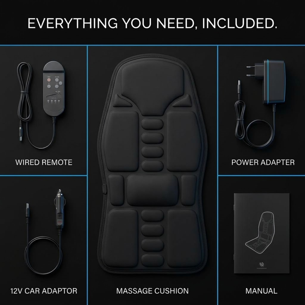 A product inclusion graphic on a black background showing a black massage cushion with a wired remote, power adapter, 12V car adapter, and manual. Text at the top reads 'EVERYTHING YOU NEED, INCLUDED.