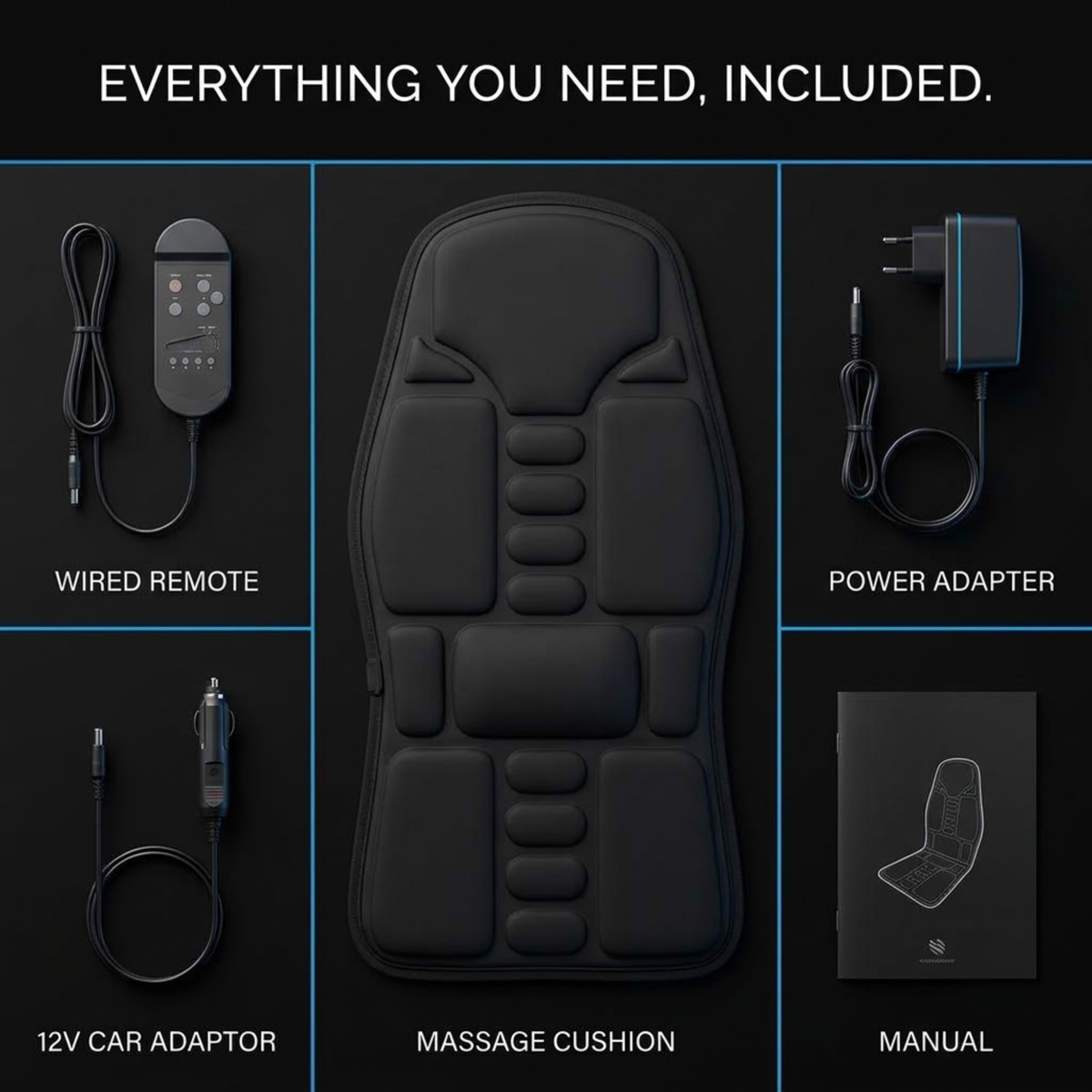 A product inclusion graphic on a black background showing a black massage cushion with a wired remote, power adapter, 12V car adapter, and manual. Text at the top reads 'EVERYTHING YOU NEED, INCLUDED.