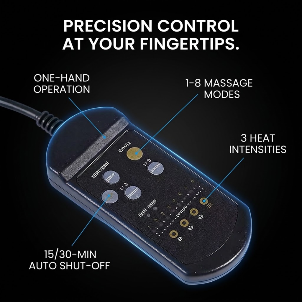 A black handheld electronic massage device with glowing blue outline and white text callouts on a black background. Text reads: 'PRECISION CONTROL AT YOUR FINGERTIPS.