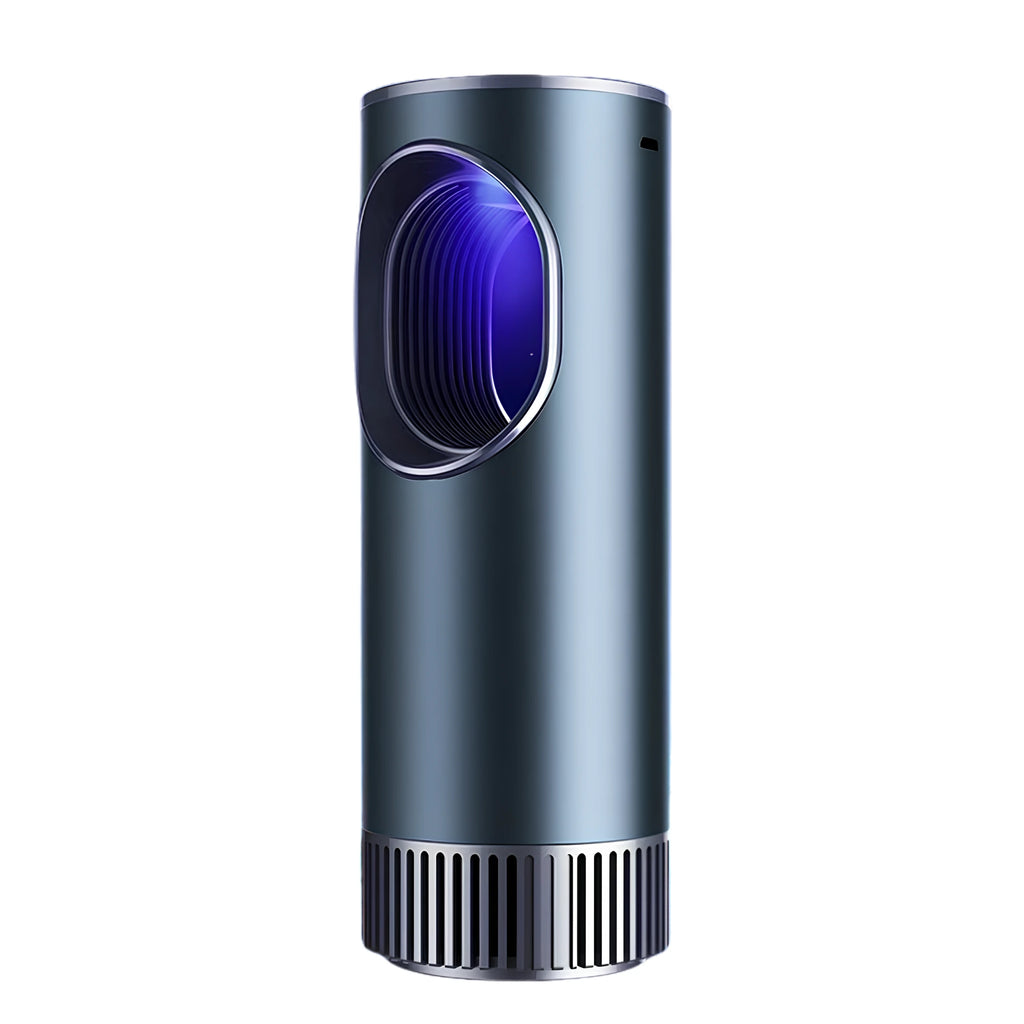 Smart car air purifier, a cylindrical unit in dark grey with an illuminated blue air intake, on a white background
