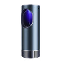 Smart car air purifier, a cylindrical unit in dark grey with an illuminated blue air intake, on a white background
