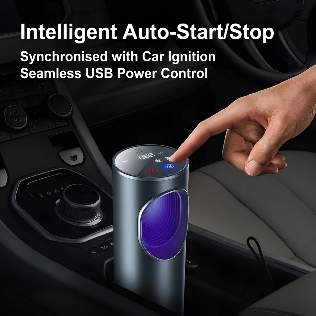Smart car air purifier mounted in a vehicle cup holder with a hand activating intelligent auto start and stop synchronised with the car ignition