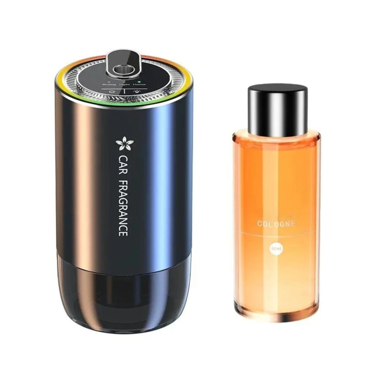Smart Cup Holder Diffuser in metallic finish with ambient light ring and Cologne scent fragrance oil bottle