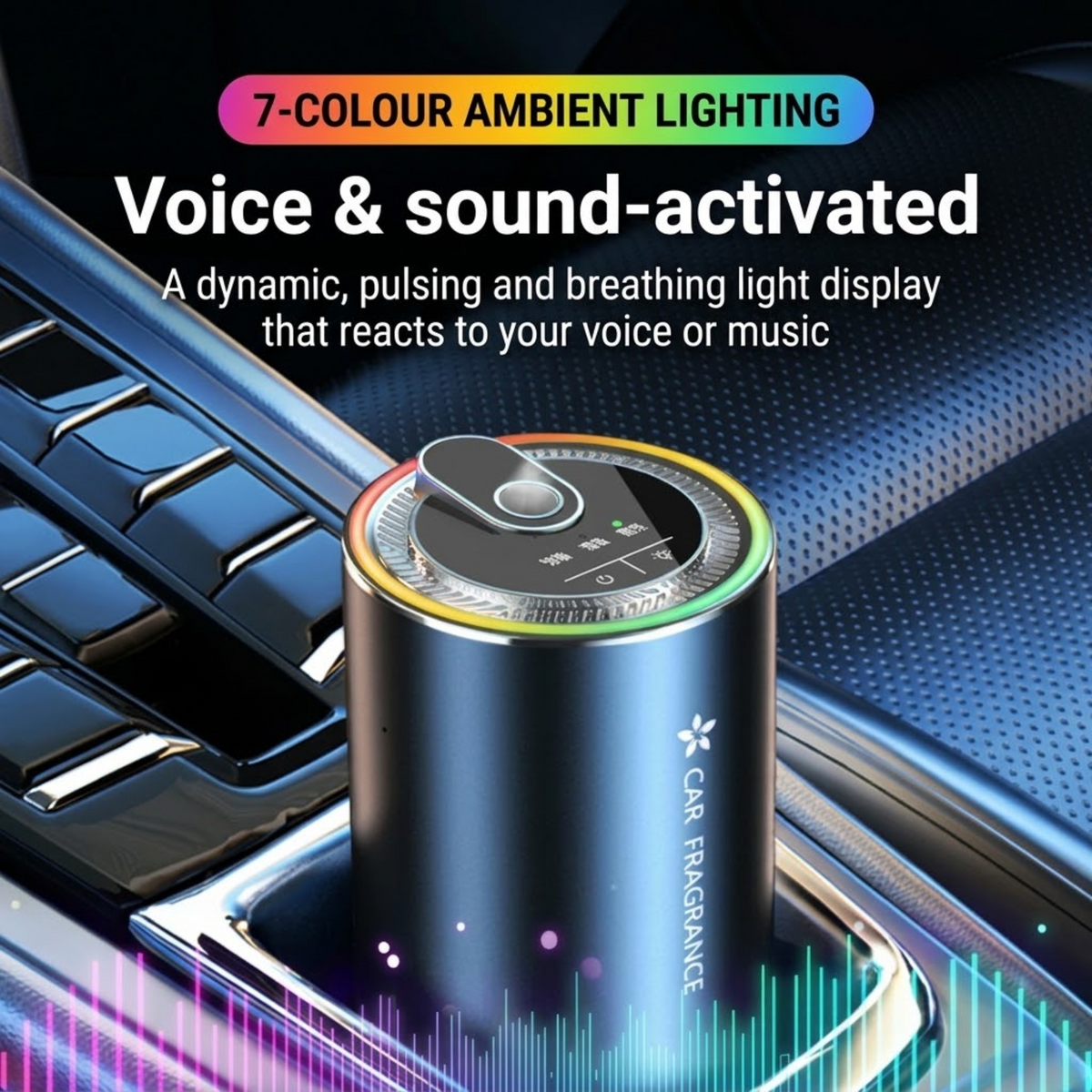 Smart Cup Holder Diffuser with 7-colour ambient lighting that reacts to voice and music in a car cup holder