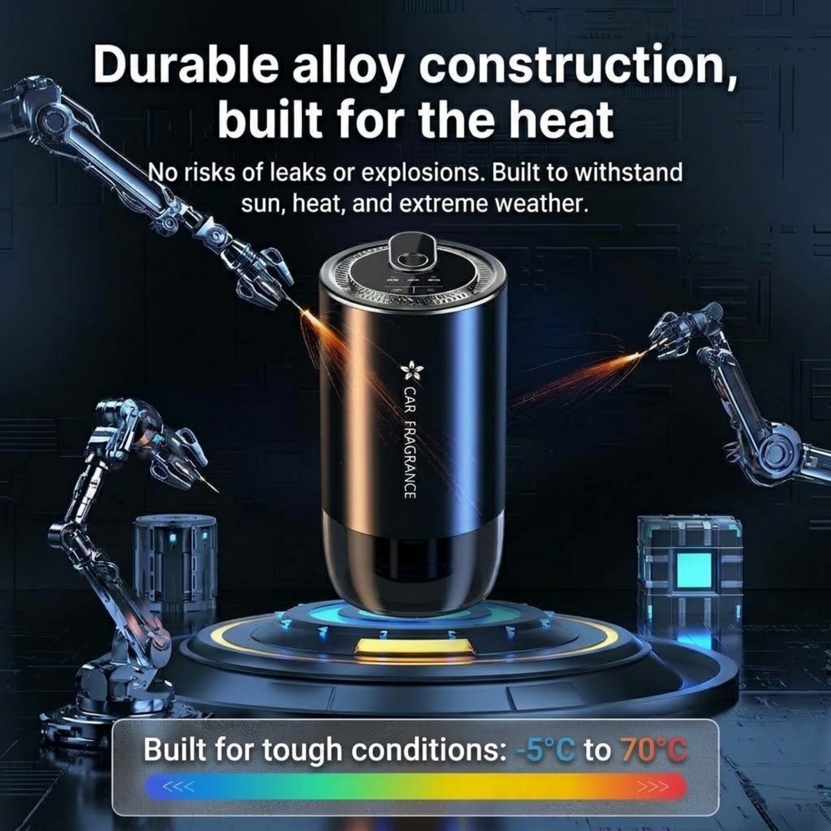 Smart Cup Holder Diffuser alloy body rated for -5°C to 70°C operating temperatures
