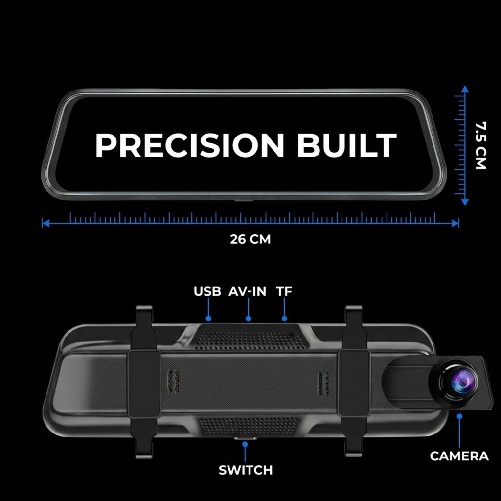 Black car rear-view mirror camera shown on a black background with measurement labels: 26 cm width and 7.5 cm height, plus callouts for USB, AV-IN, TF, SWITCH, and CAMERA.