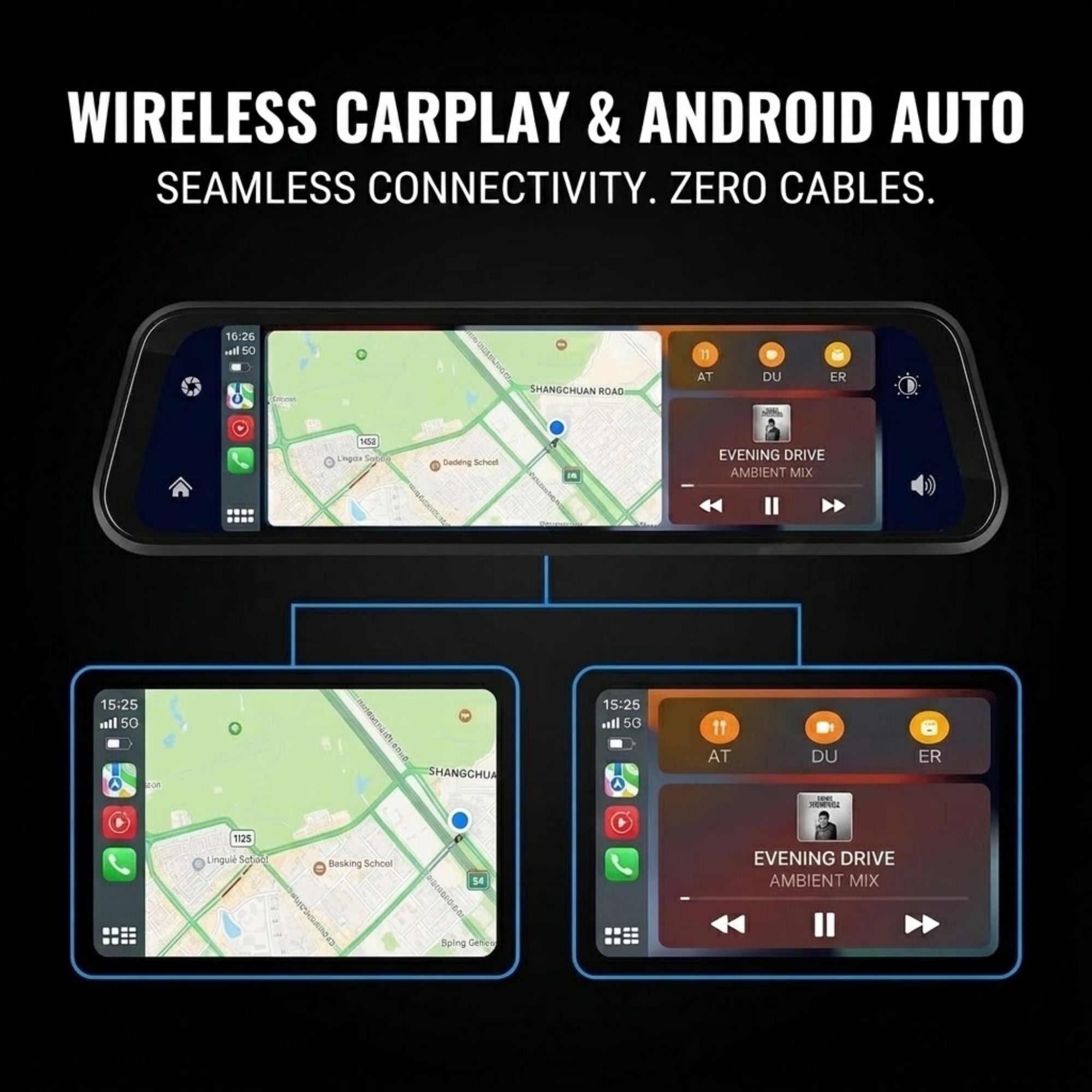 Promotional graphic for wireless CarPlay and Android Auto connectivity, showing three smartphone screens on a black background with the text 'WIRELESS CARPLAY & ANDROID AUTO' and 'SEAMLESS CONNECTIVITY. ZERO CABLES.