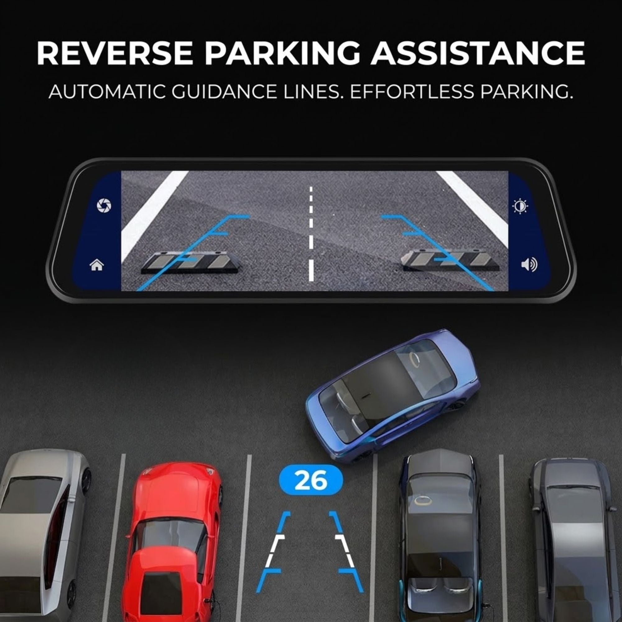 A smartphone-style display mockup shows a 3D rendering of a car reversing into a parking spot with blue guidance lines and the text 'REVERSE PARKING ASSISTANCE' above. Below, a blue car is shown maneuvering between parked cars in a parking lot scene.