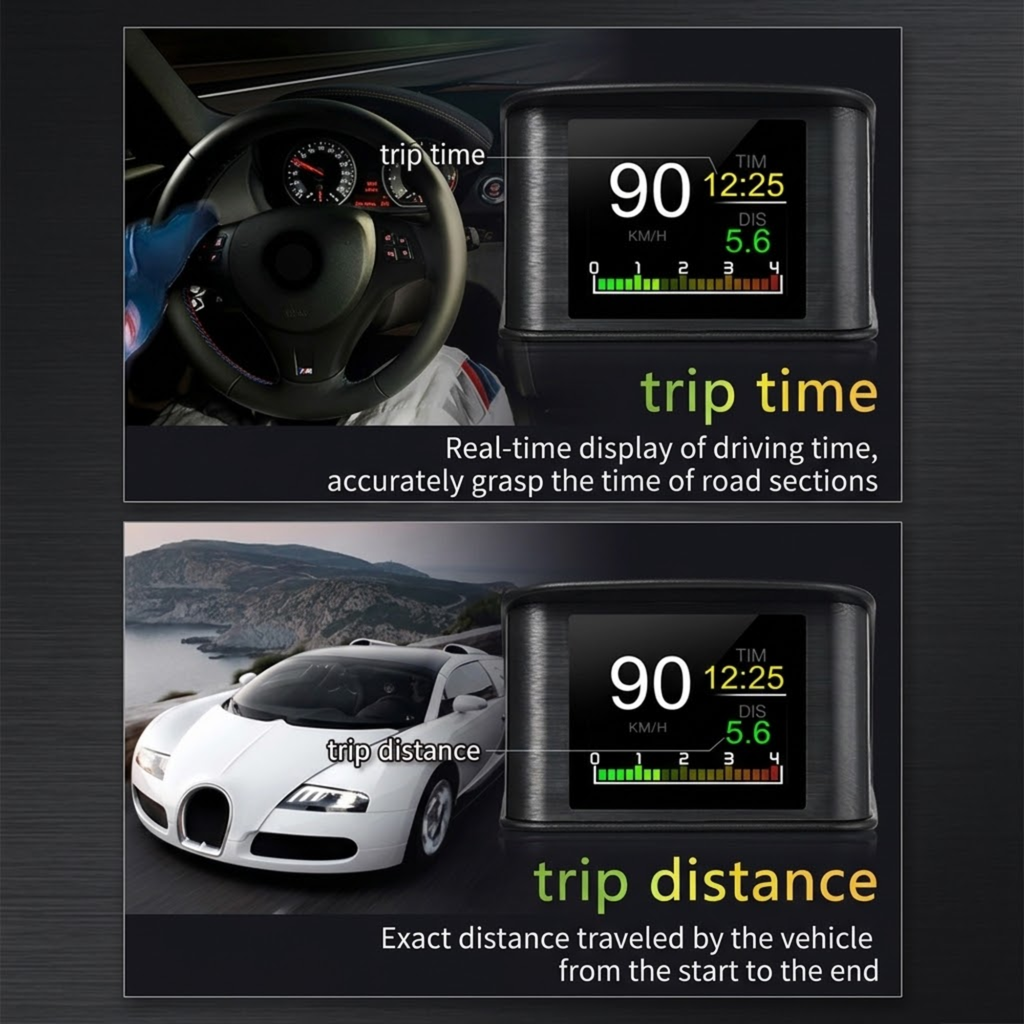 Smart OBD2 Head-Up Display trip time and trip distance feature graphic showing the unit reading 90 km/h with 12:25 trip time and 5.6km trip distance, beside a steering wheel and a white sports car on a coastal road