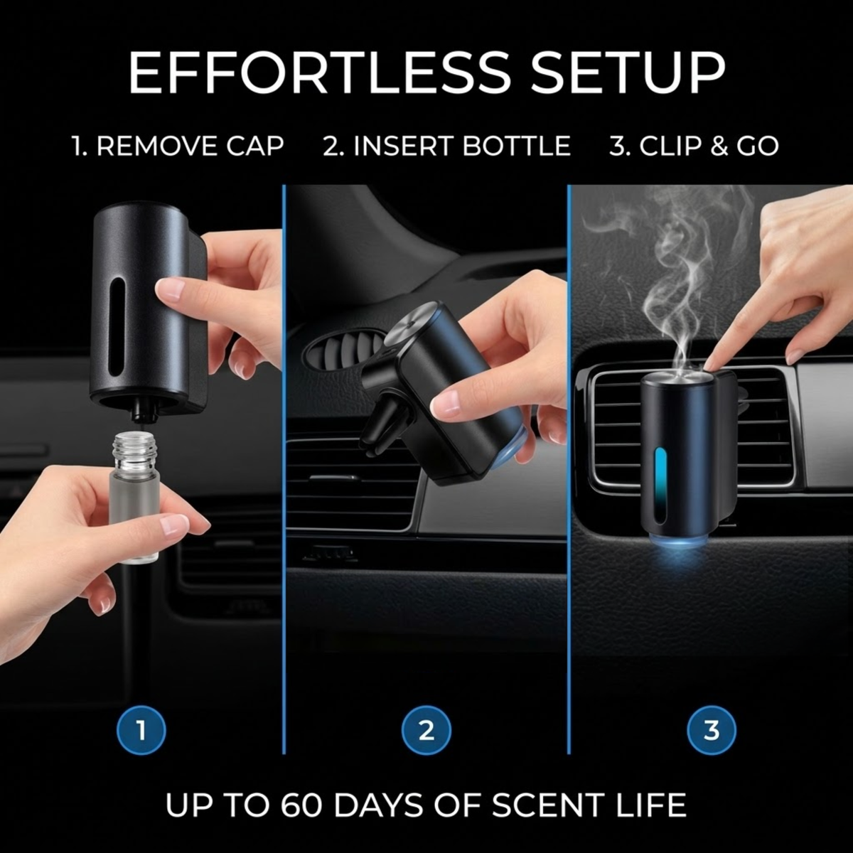 Three-panel instructional graphic showing how to set up a black car air freshener diffuser. Text at the top reads 'EFFORTLESS SETUP' with steps 1, 2, and 3, and text at the bottom says 'UP TO 60 DAYS OF SCENT LIFE'.