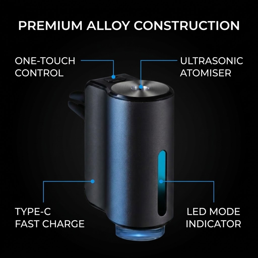 A dark metallic cylindrical atomizer device on a black background with callout text and lines highlighting features: one-touch control, ultrasonic atomiser, type-c fast charge, and led mode indicator.