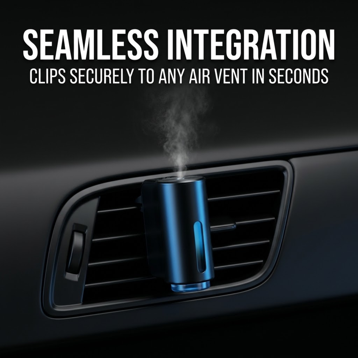 A blue cylindrical car air vent diffuser emitting steam, clipped onto a car air vent. White text at the top reads 'SEAMLESS INTEGRATION CLIPS SECURELY TO ANY AIR VENT IN SECONDS'.