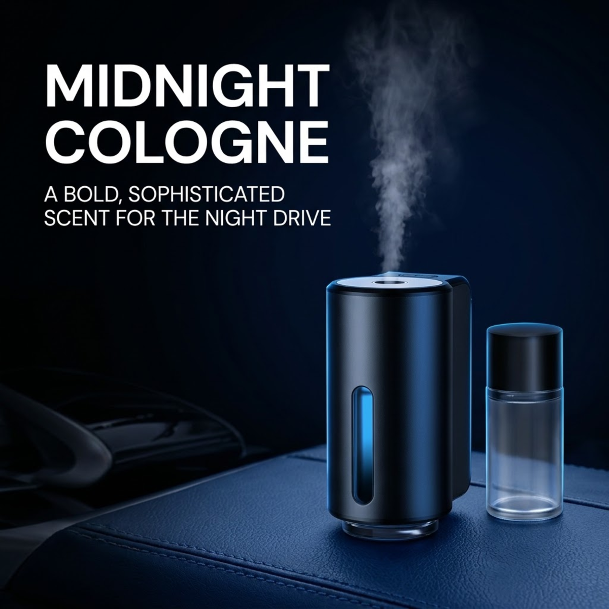 A dark cylindrical perfume atomizer with a blue light strip and a small clear bottle, shown on a dark textured surface with steam rising from the top. Large text on the left reads 'MIDNIGHT COLOGNE' with descriptive copy below.