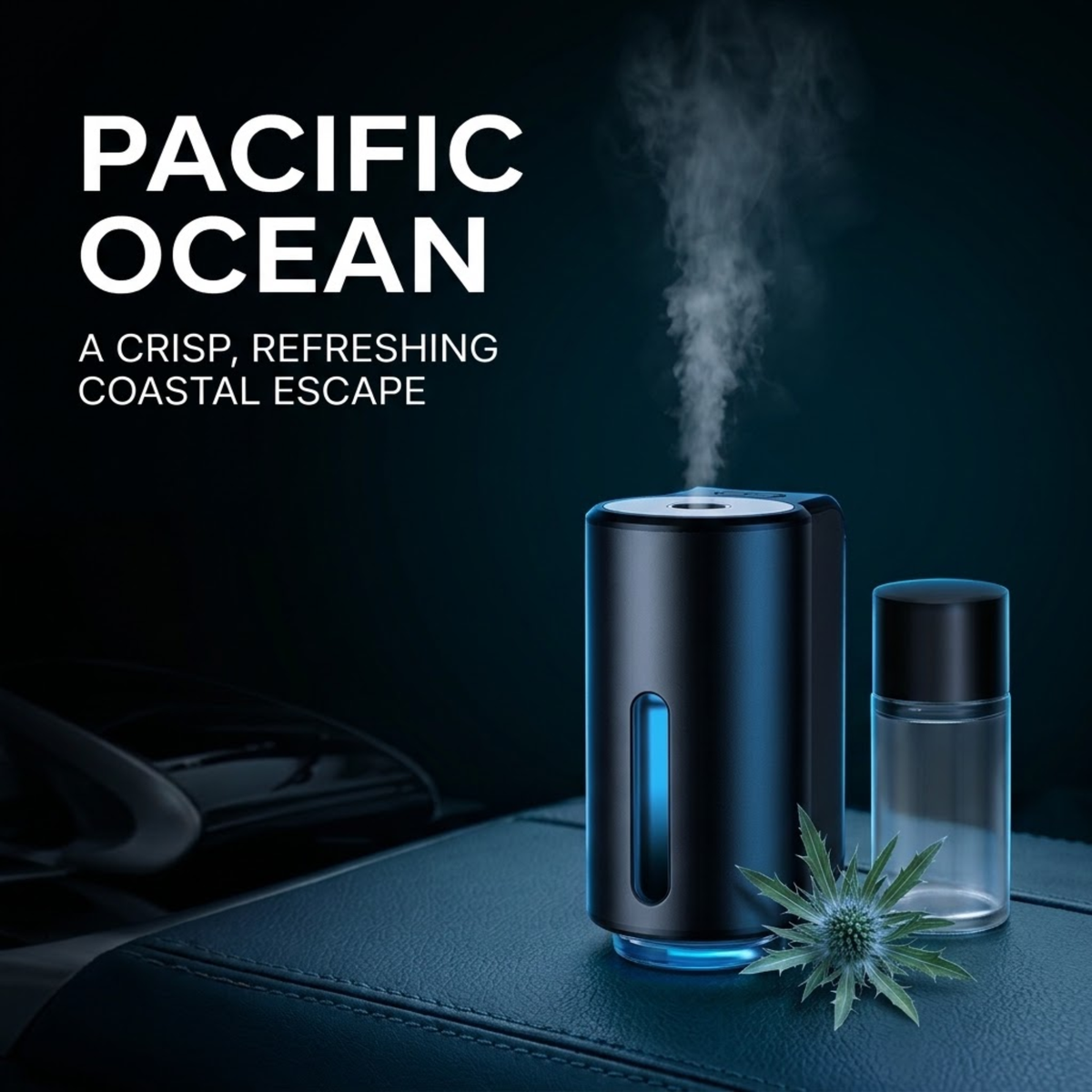 A black cylindrical humidifier with a blue light accent and a small clear bottle, shown on a dark leather surface with steam rising. Large text reads 'PACIFIC OCEAN' and 'A CRISP, REFRESHING COASTAL ESCAPE'.