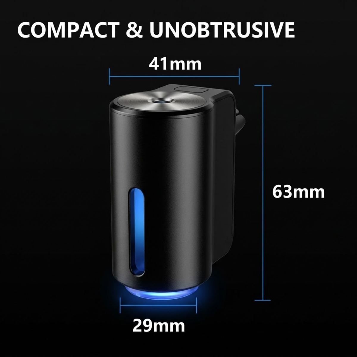 A black cylindrical compact device with blue illuminated accents and dimension labels showing 41mm width, 63mm height, and 29mm depth on a black background.
