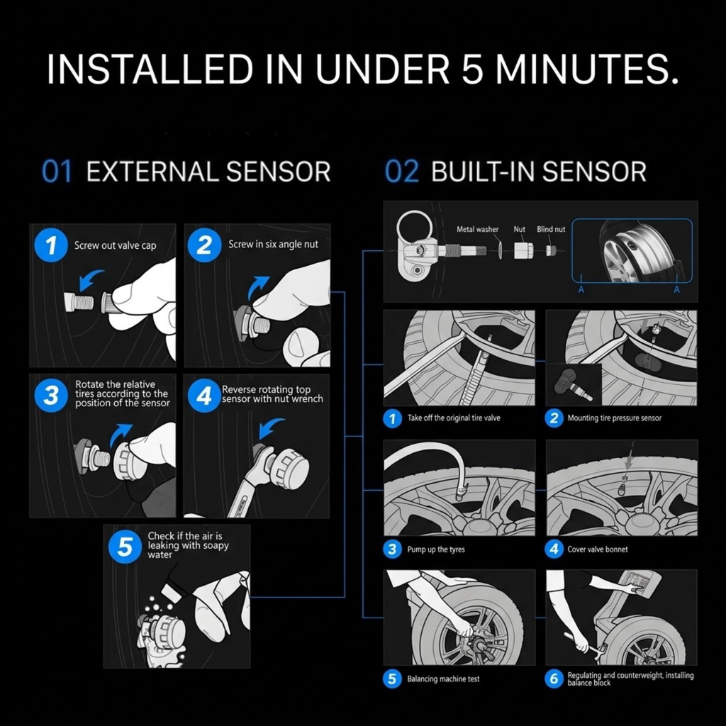 Step-by-step installation diagrams for external tyre pressure sensors and built-in wheel sensors, covering valve removal, sensor mounting, inflation and balancing