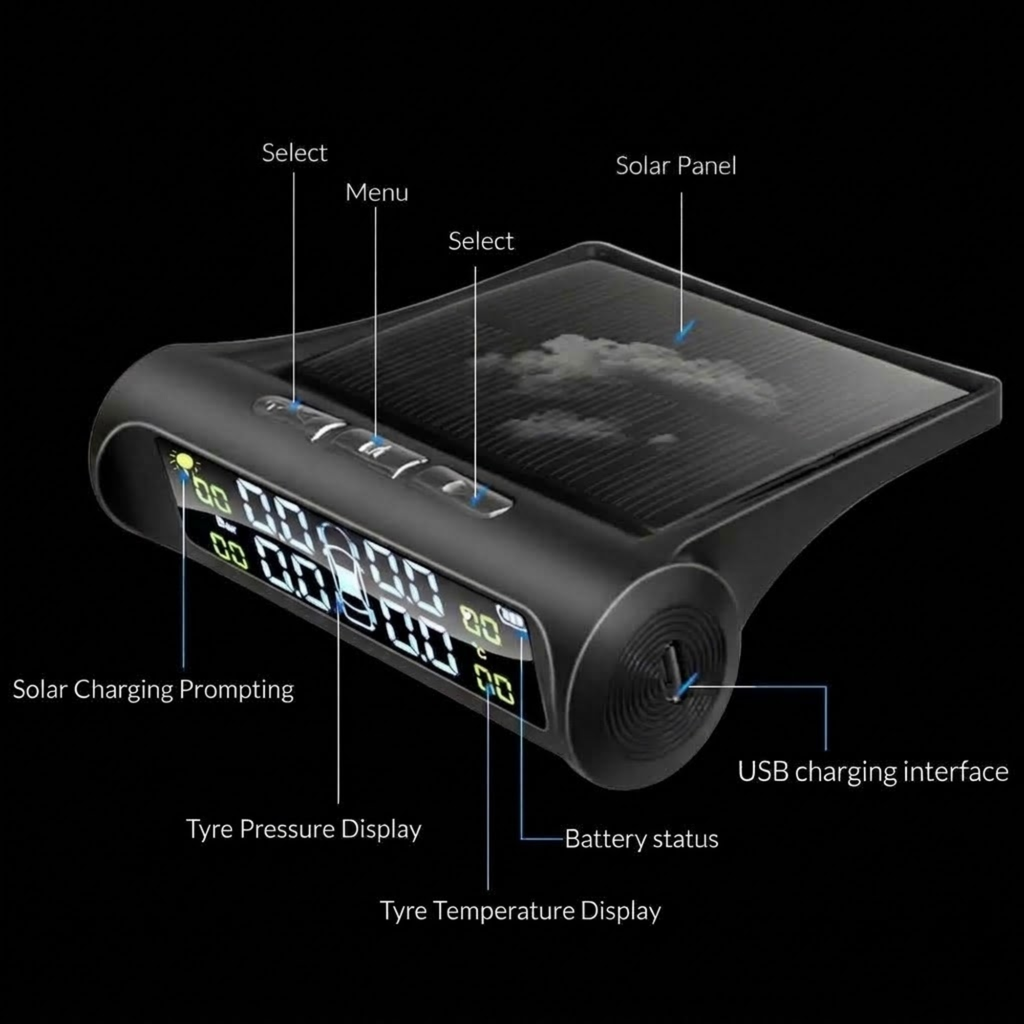 Black solar-powered tire pressure and temperature monitor with a digital display screen, labeled with callouts for 'Select', 'Menu', 'Solar Panel', 'Solar Charging Prompting', 'Tyre Pressure Display', 'Tyre Temperature Display', and 'USB charging interface' on a black background.
