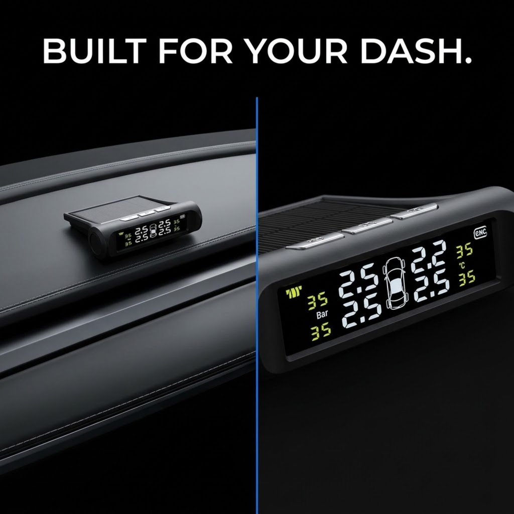 Solar tyre pressure monitor shown mounted on a car dashboard, built to sit flush against the dash