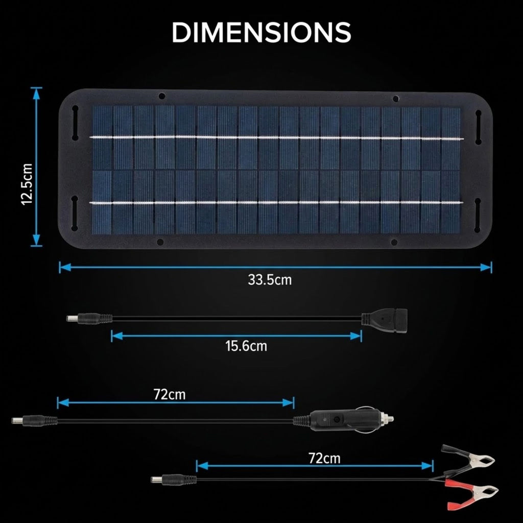 A dimension diagram on a black background showing a small solar panel with its attached cables and alligator clips. White text at the top reads 'DIMENSIONS,' with blue measurement lines and labels indicating panel size, cable lengths, and clip spacing.