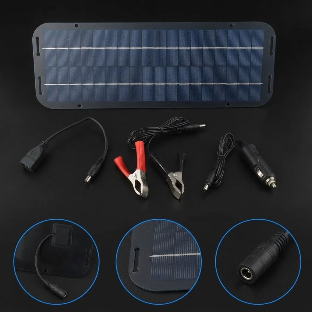 A portable rectangular solar panel kit shown on a black background, with attached cables, red and black alligator clips, a car cigarette lighter adapter, and three circular detail insets showing close-ups of connectors and the panel.