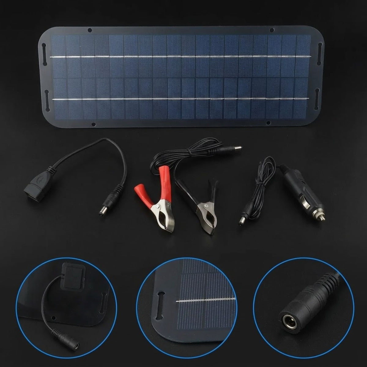 A portable rectangular solar panel kit shown on a black background, with attached cables, red and black alligator clips, a car cigarette lighter adapter, and three circular detail insets showing close-ups of connectors and the panel.