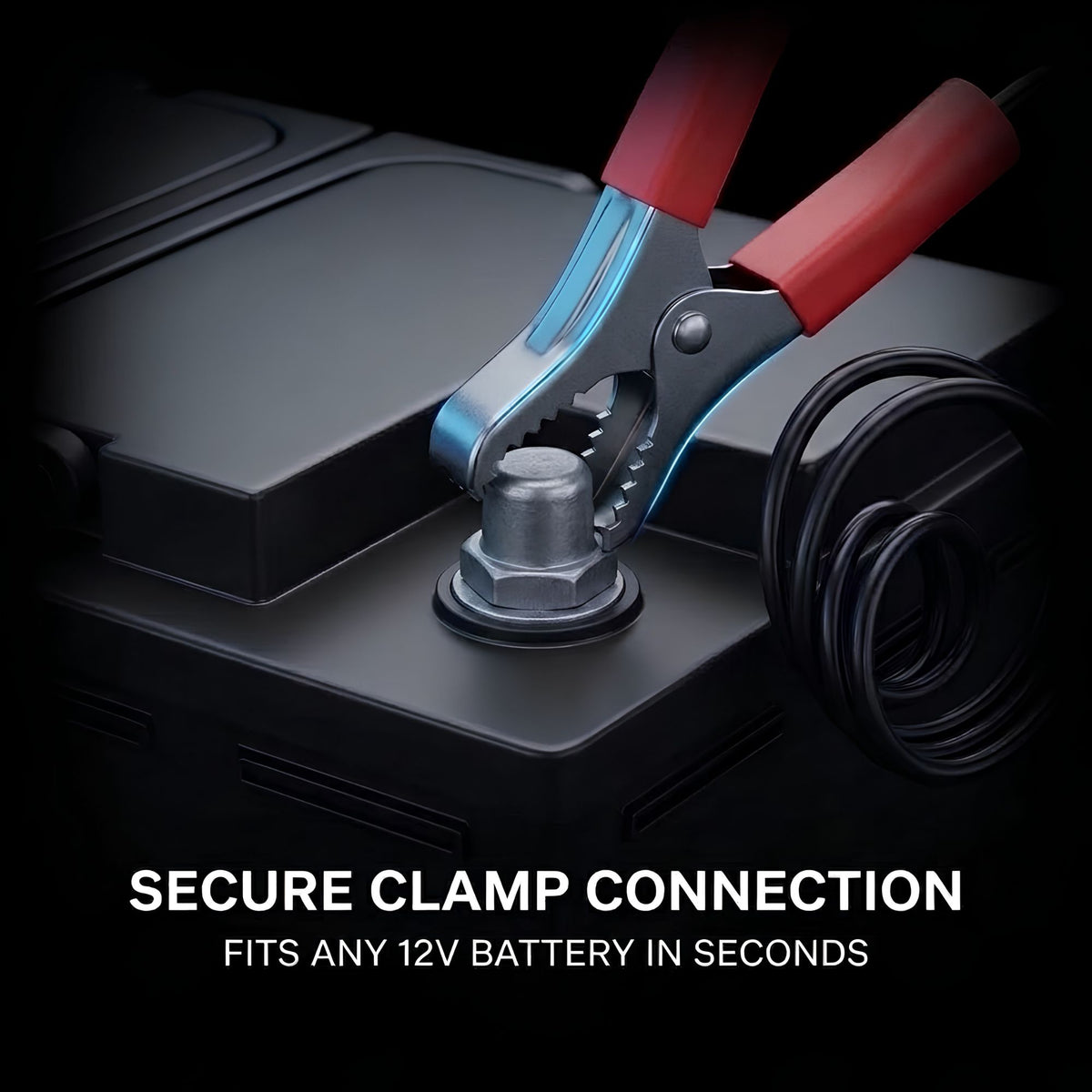 A close-up of a clamp-style battery terminal connector with red handles attached to a black 12V battery, with text reading 'SECURE CLAMP CONNECTION' and 'FITS ANY 12V BATTERY IN SECONDS' on a dark background.