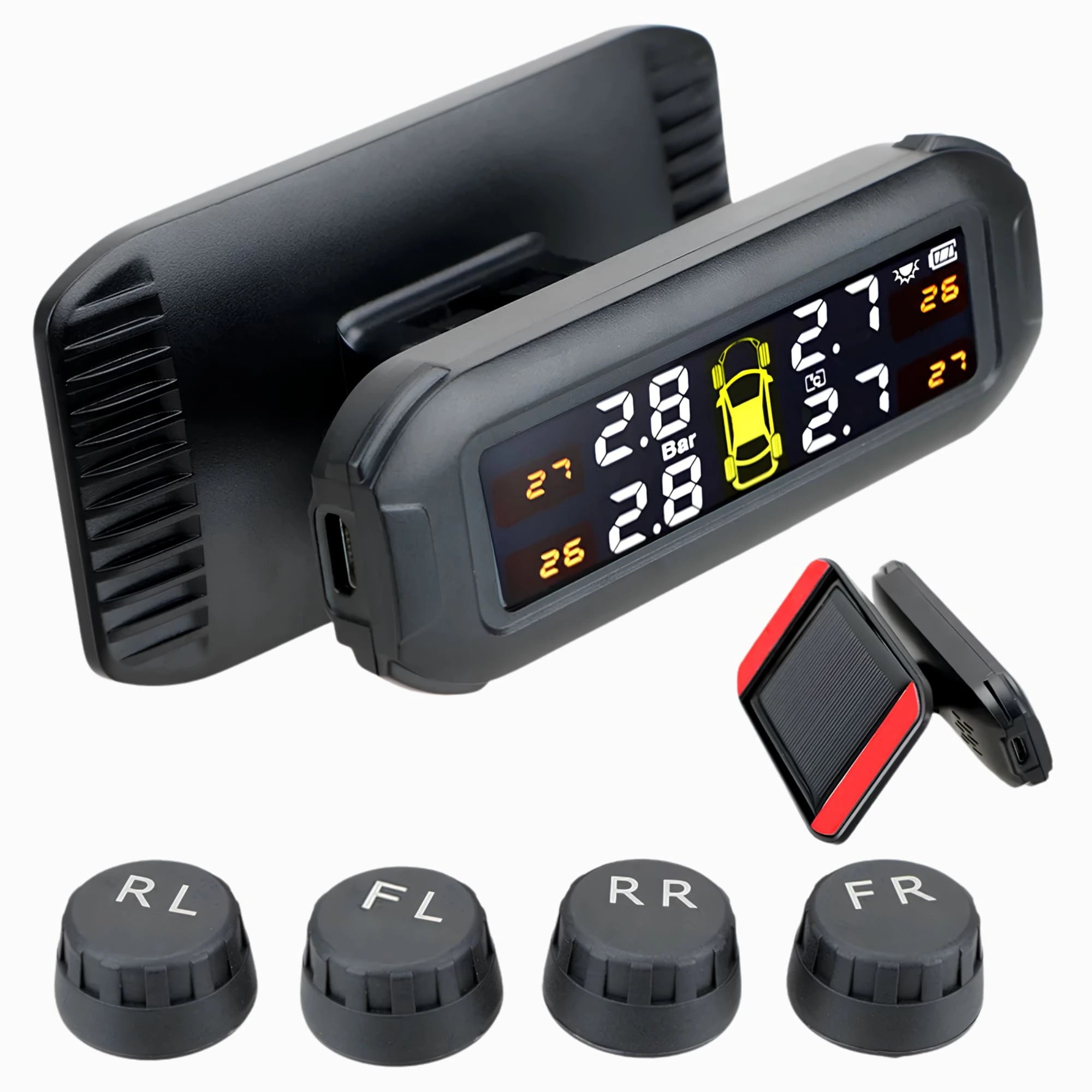 Solar Tyre Pressure Monitoring System display unit with four wireless TPMS sensor caps on a white background
