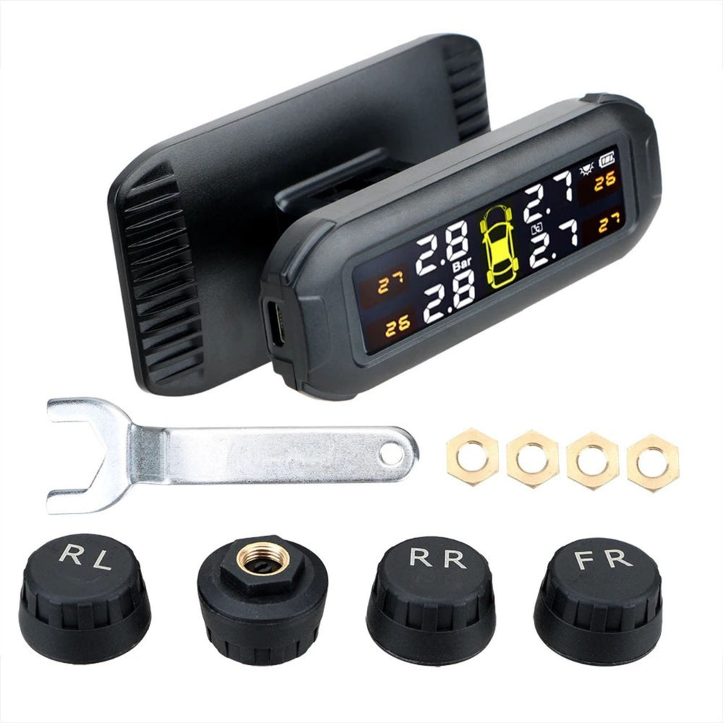 Solar Tyre Pressure Monitoring System kit layout including display unit, mounting wrench, nuts and four sensor caps