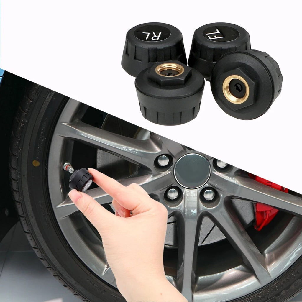 Car tire with valve caps and a hand holding a valve cap, on a white background