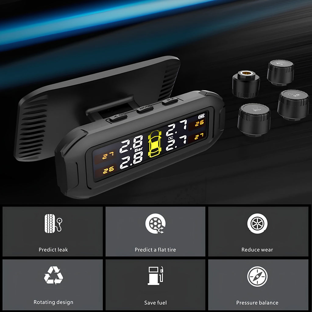 A black tire pressure monitoring system with a digital dashboard display and four sensor modules, shown on a dark background with feature icons below.
