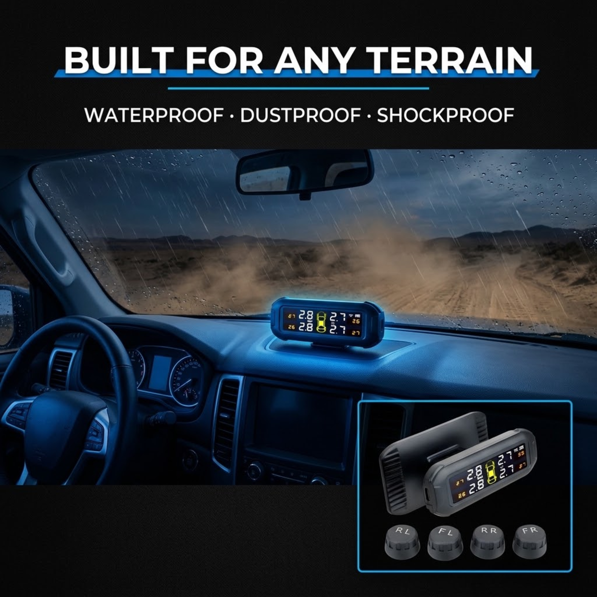 A set of four blue and black tire pressure monitoring sensors displayed on a dashboard inside a vehicle, with an inset showing the sensors and text overlays highlighting waterproof, dustproof, and shockproof features.