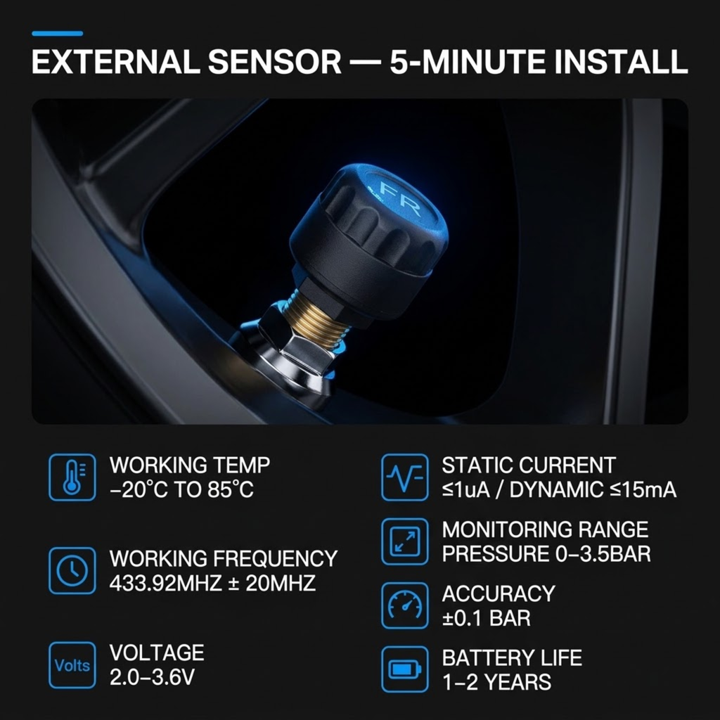 Close-up of an external TPMS wheel sensor with a spec list covering working temperature, frequency, voltage, monitoring range, accuracy and battery life