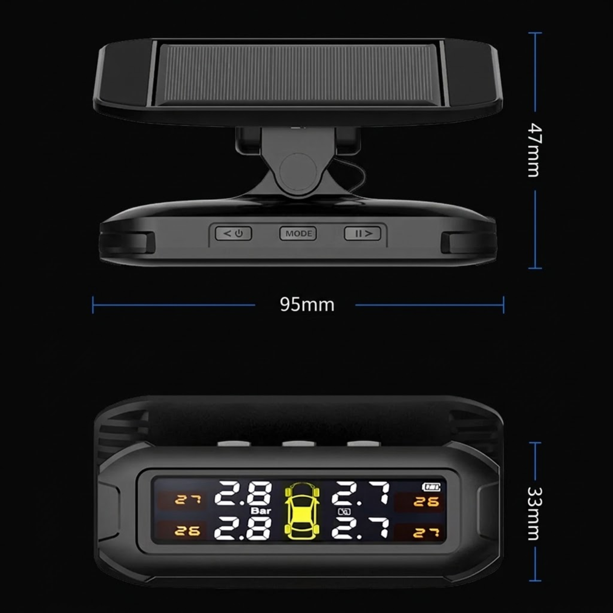 Black solar-powered car dashboard sensor set shown from three angles with dimension labels: top view showing the solar panel mount (47mm), front view showing the unit width (95mm), and bottom view showing the illuminated display screen (33mm).