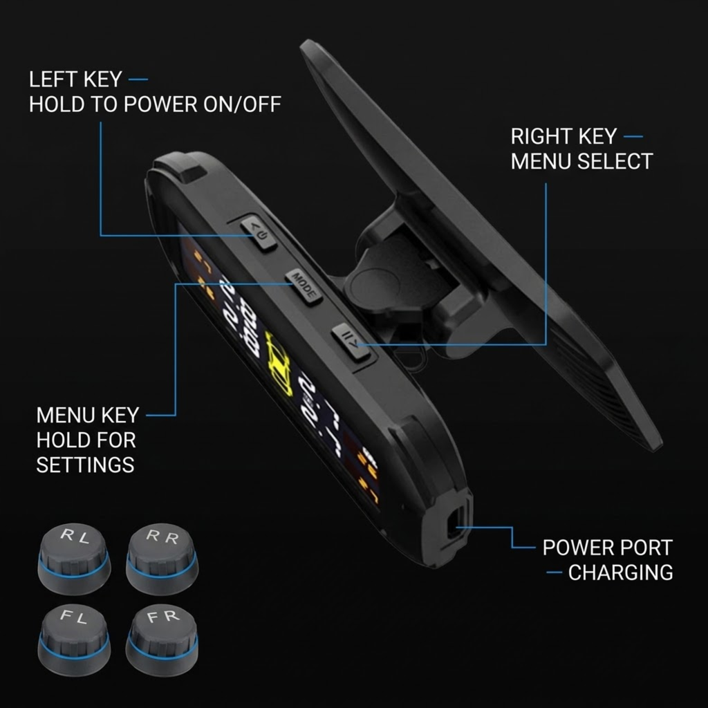 Black radar detector with a mounting clip, shown with callout labels explaining button functions and a power port, plus four small knob graphics on a dark background.