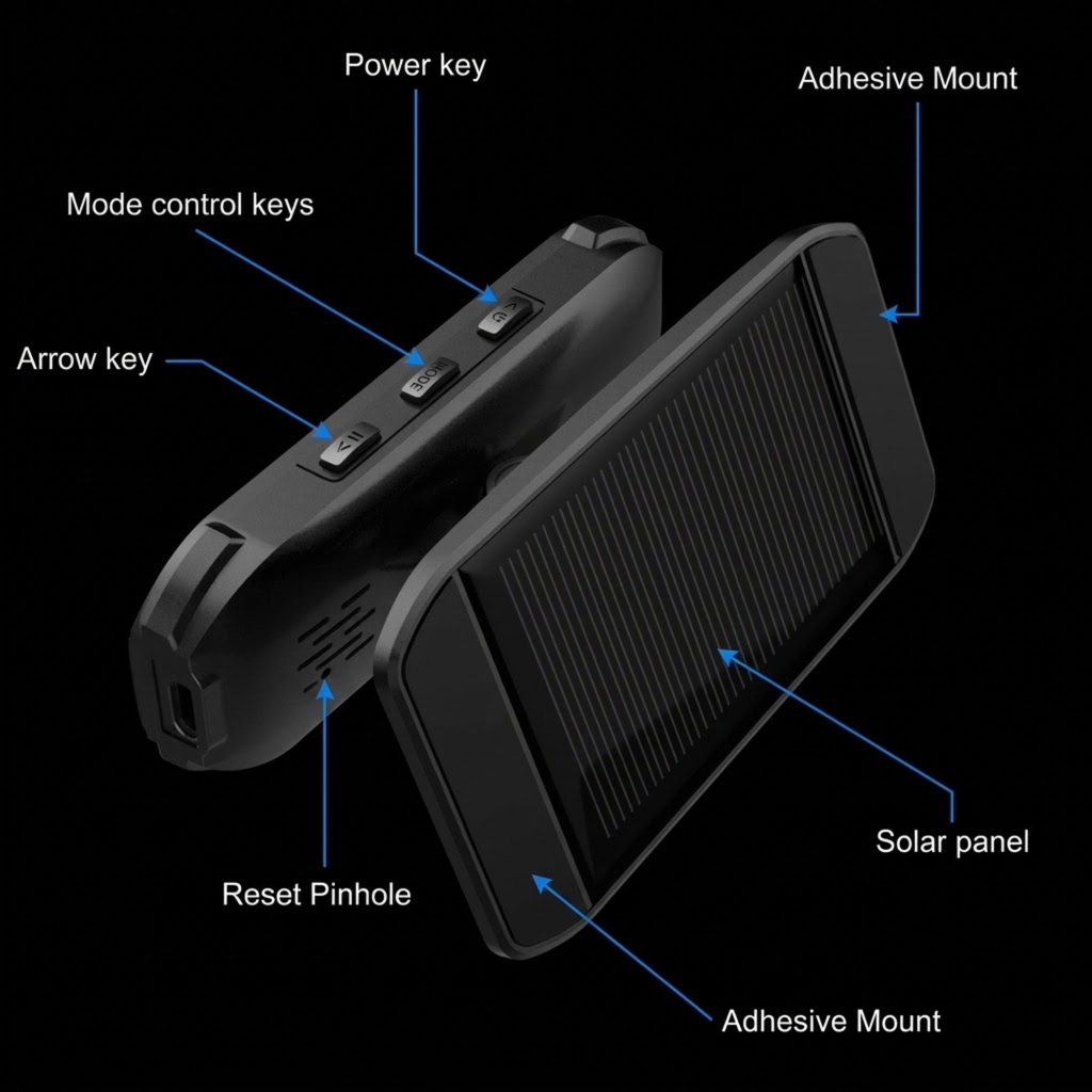 Black solar power bank with blue pointer lines and text labels identifying its features, including solar panel, adhesive mount, power key, mode control keys, arrow key, and reset pinhole, on a black background.