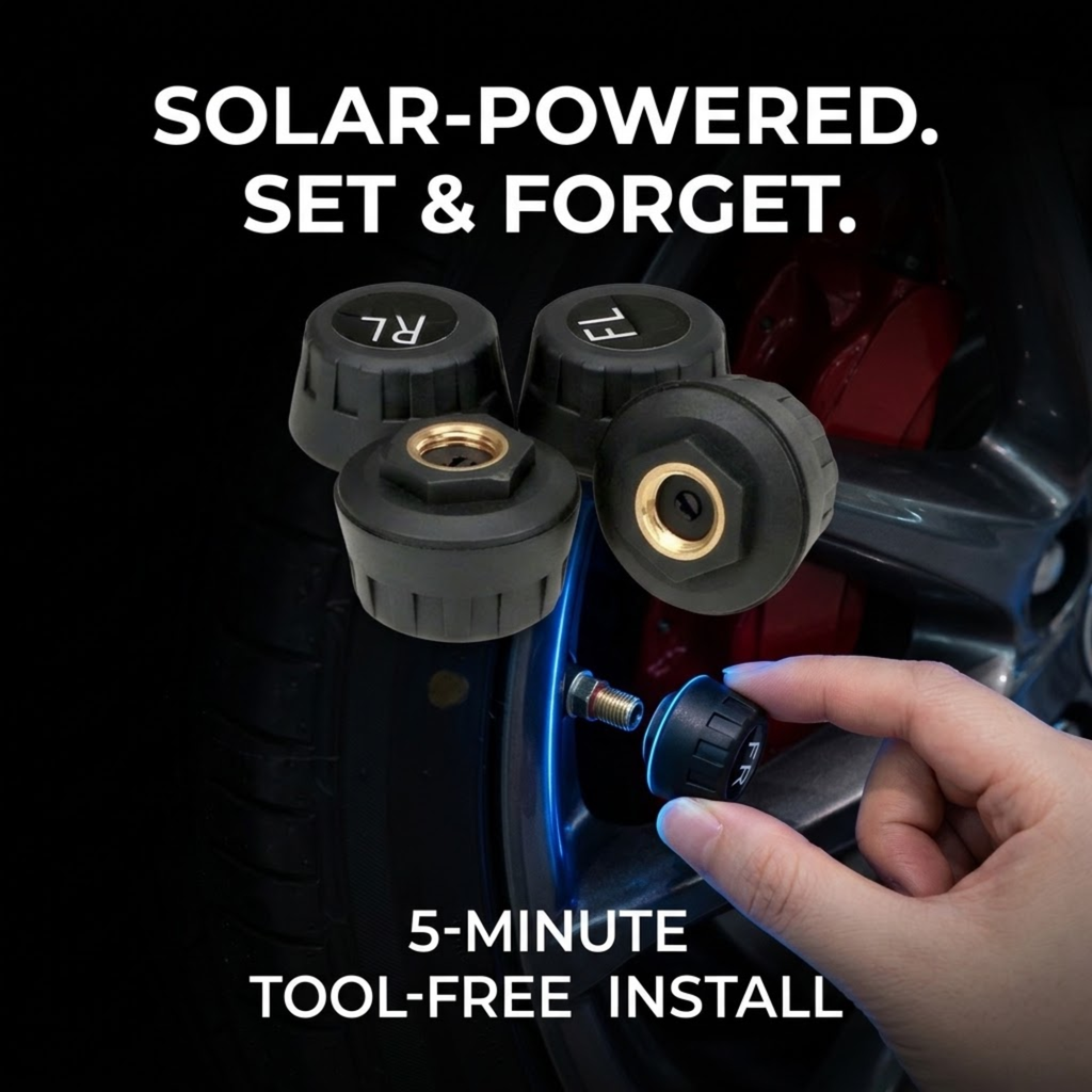 Solar-powered tire pressure valve caps shown being installed onto a car wheel, with a hand holding one cap. Large text reads 'SOLAR-POWERED.
