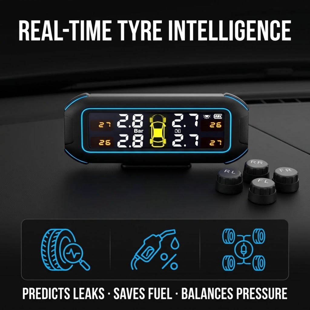 A digital tire pressure monitor with four black tire pressure sensors shown on a dark dashboard background. The main unit has a blue LED border and a colorful display showing tire pressure levels, with text reading 'REAL-TIME TYRE INTELLIGENCE' at the top and feature icons at the bottom.