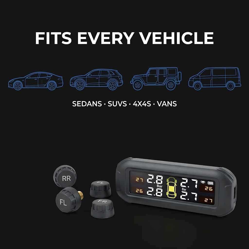 A set of tire pressure monitoring sensors and a digital tire pressure gauge shown on a black background, with text reading 'FITS EVERY VEHICLE' and blue line drawings of sedan, SUV, 4x4, and van.