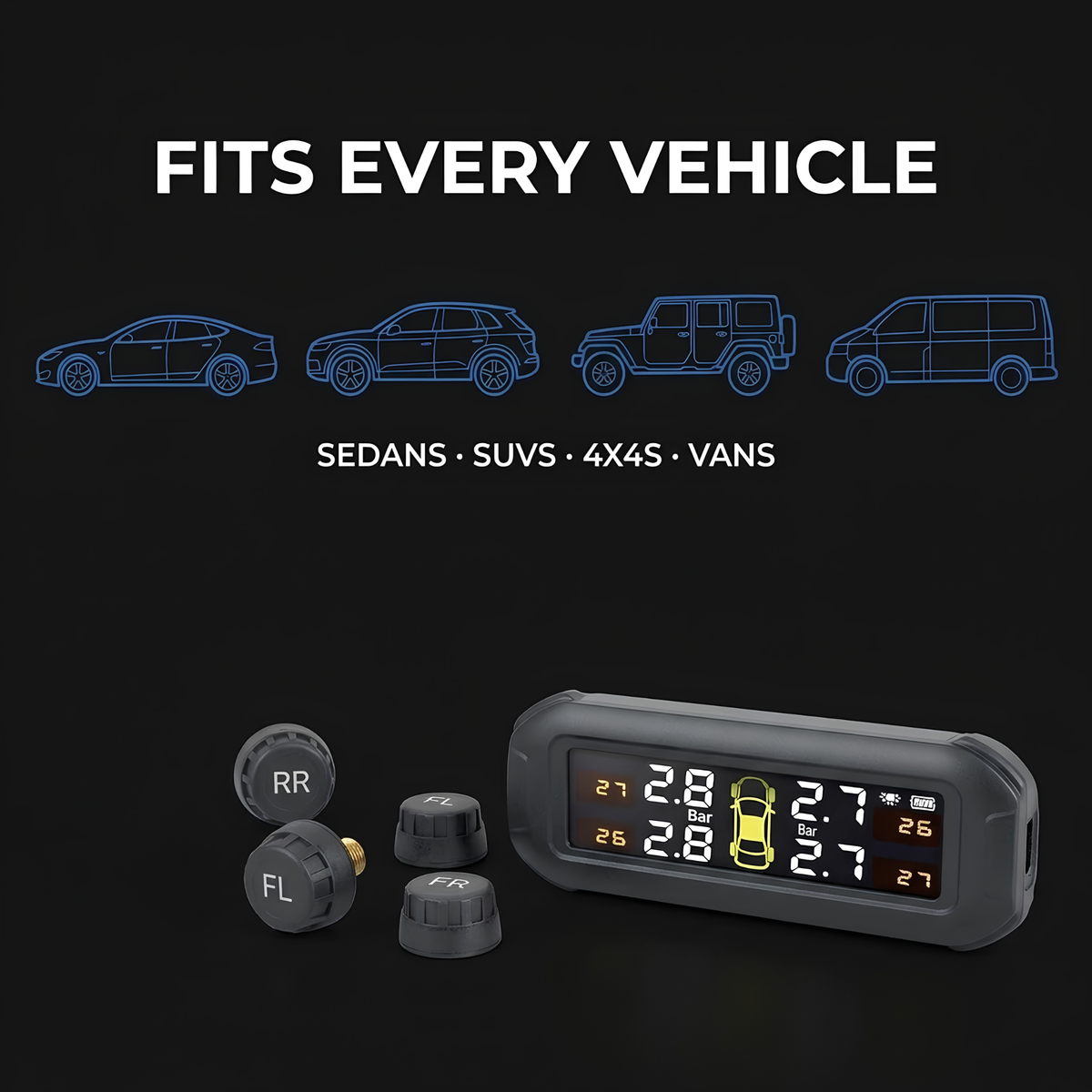 Solar TPMS monitor and wheel sensors shown fitting sedans, SUVs, 4x4s and vans