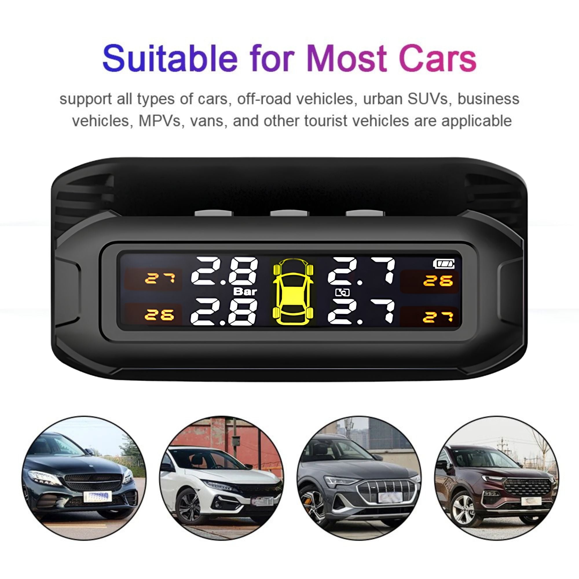 A black automatic car tire pressure monitoring system with a digital display screen showing tire pressure levels and a yellow car icon. The image includes text stating 'Suitable for Most Cars' and four circular images of different cars at the bottom to demonstrate compatibility.