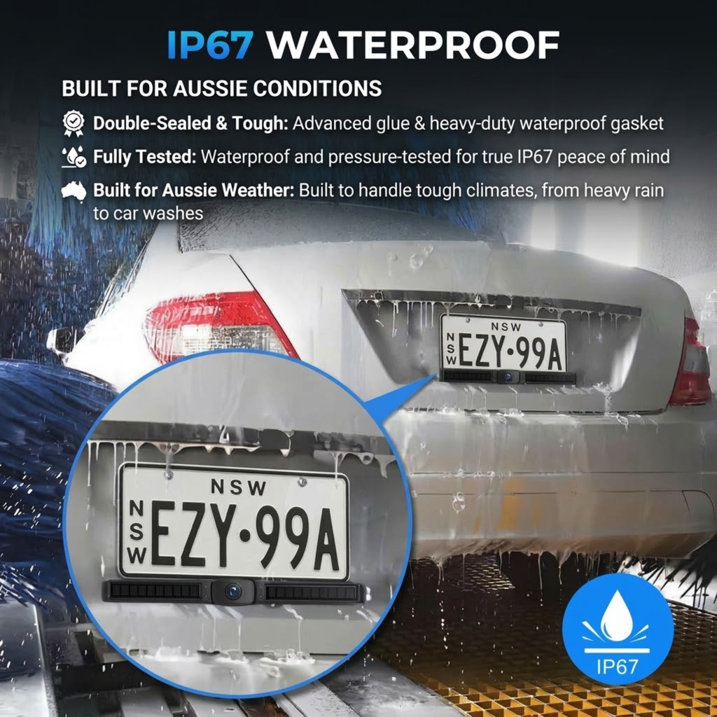 Solar Wireless Reversing Camera IP67 waterproof licence plate camera on NSW number plate in a car wash