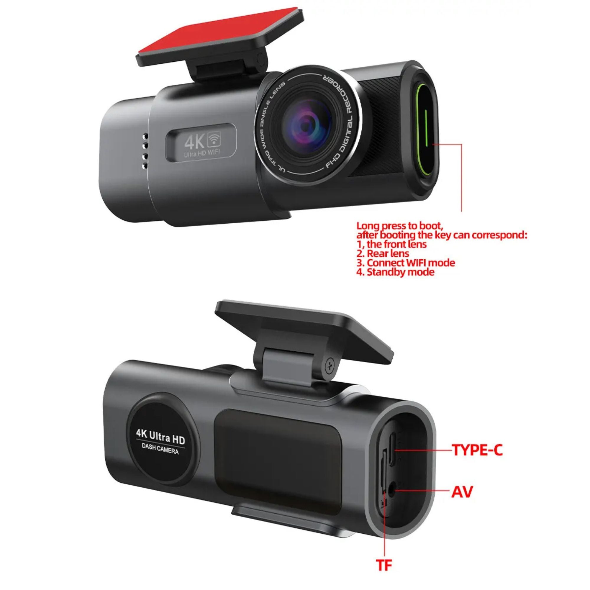Black 4K ultra HD dash cam shown from two angles on a white background, with red annotations pointing out the boot release, port functions (TYPE-C, AV, TF), and booting instructions.