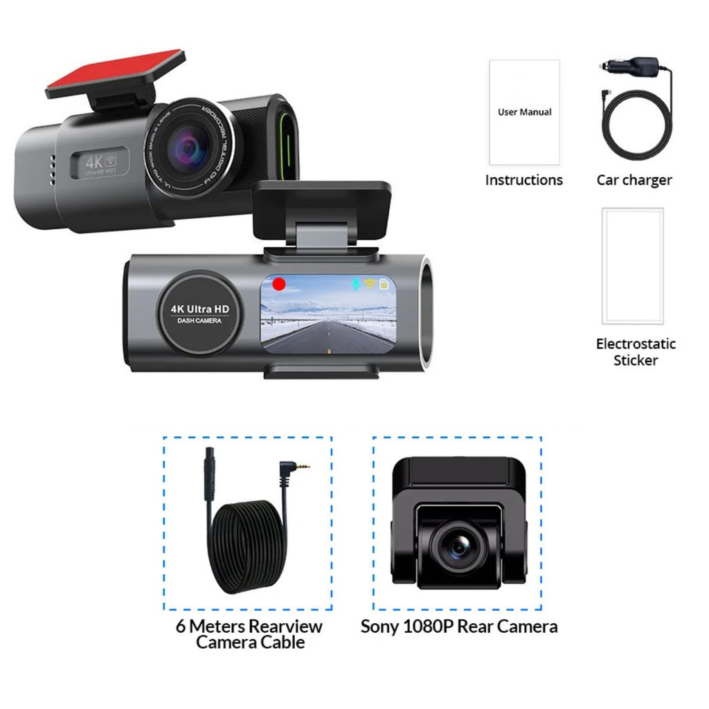 Black 4K dash cam shown from front and back angles with included accessories: user manual, car charger, electrostatic sticker, 6-meter rearview camera cable, and Sony 1080P rear camera. White background with labeled callouts.